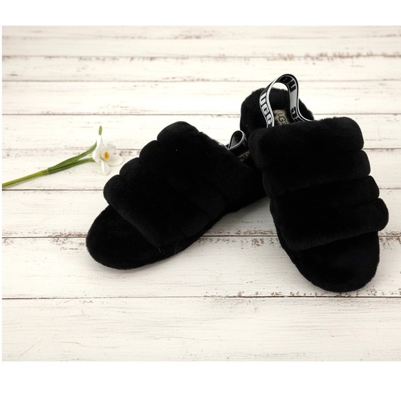 UGG Shoes - UGG‎ Fluff Yeah Slide Black Women's Size 9 Fuzzy Slingback Sandals Cozy Y2K
